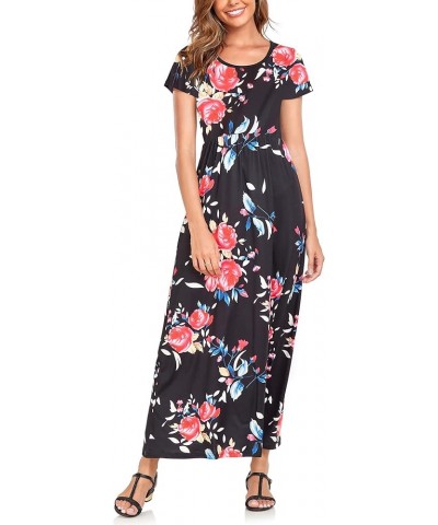 Womens Short Sleeve Maxi Dresses Empire Waist Long Dress B33 Rose Full Print on Black $13.74 Dresses