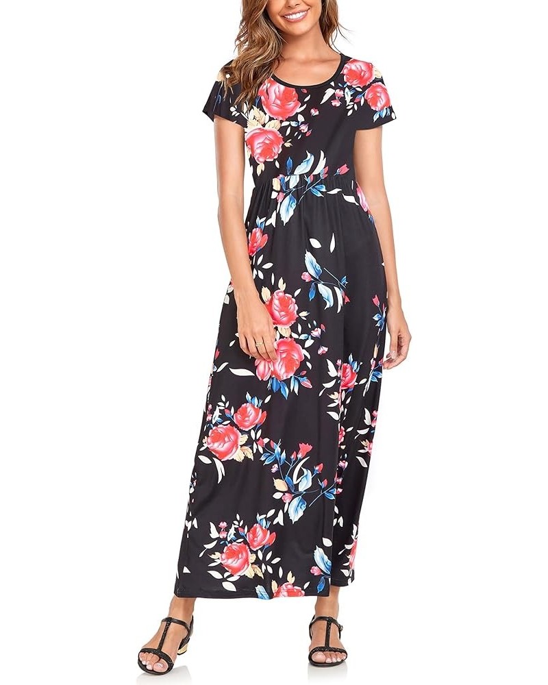 Womens Short Sleeve Maxi Dresses Empire Waist Long Dress B33 Rose Full Print on Black $13.74 Dresses