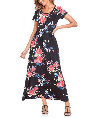 Womens Short Sleeve Maxi Dresses Empire Waist Long Dress B33 Rose Full Print on Black $13.74 Dresses