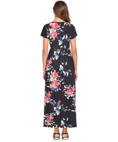 Womens Short Sleeve Maxi Dresses Empire Waist Long Dress B33 Rose Full Print on Black $13.74 Dresses