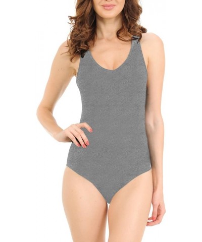 Bodysuit for Juniors & Women Racerback Tank Top Snap V-Neck Sleeveless Bodysuits H. Grey $9.25 Bodysuits