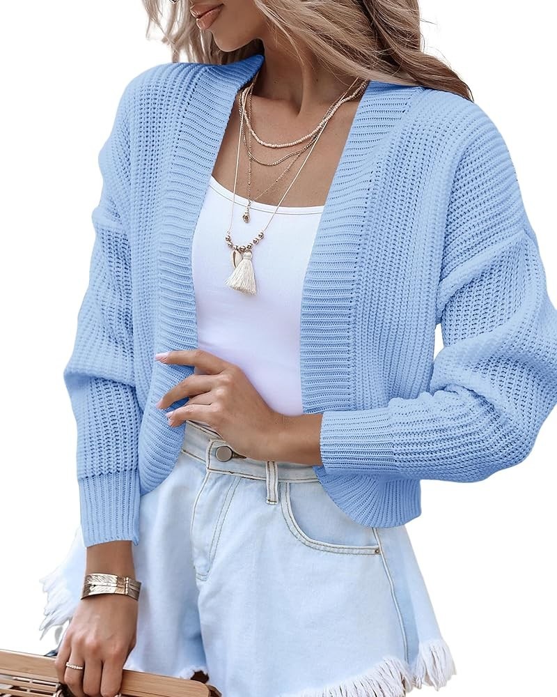 Women's Long Sleeve Open Front Knit Cropped Cardigan Sweaters Casual Drop Shoulder Short Shrugs Sweater Coats Blue $21.23 Swe...