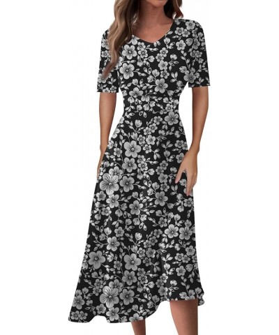 Women's Casual Dresses Short-Sleeved V Neck Fashion Vintage Floral Print Waisted Long Section Large Dresses, S-2XL 2-dark Gra...