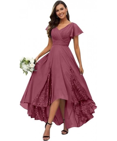 Tea Length Mother of The Bride Dresses with Sleeves V-Neck Lace Applique High Low Formal Dress for Wedding Guest Desert Rose ...