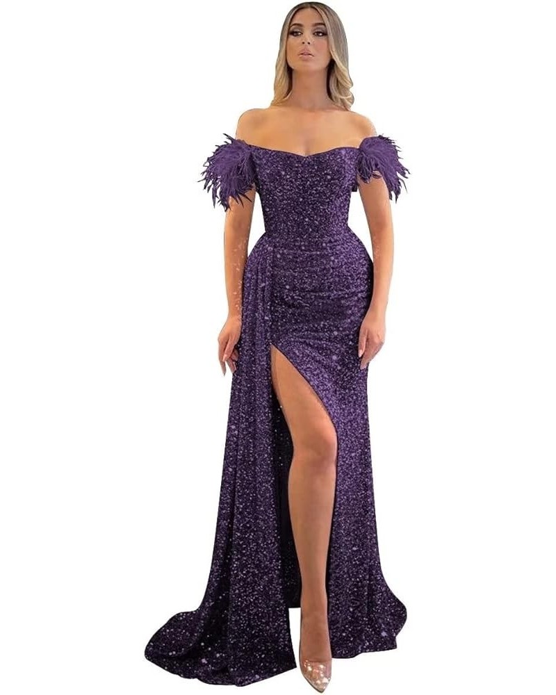 Feather Sequin Prom Dresses 2024 Off Shoulder Mermaid Formal Evening Gowns Sparkly Evening Party Dress with Slit Grape $43.48...