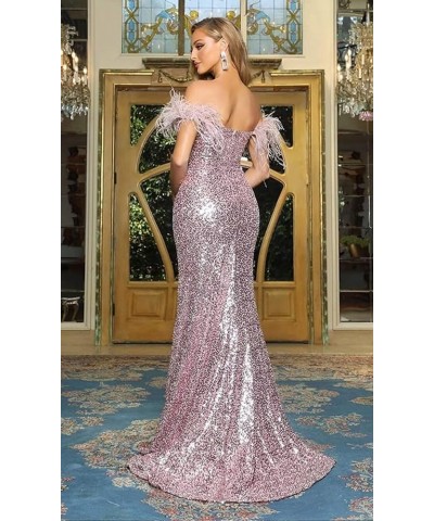 Feather Sequin Prom Dresses 2024 Off Shoulder Mermaid Formal Evening Gowns Sparkly Evening Party Dress with Slit Grape $43.48...