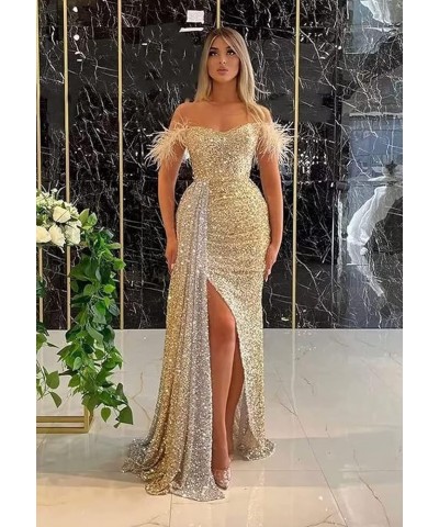 Feather Sequin Prom Dresses 2024 Off Shoulder Mermaid Formal Evening Gowns Sparkly Evening Party Dress with Slit Grape $43.48...