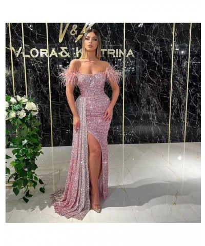 Feather Sequin Prom Dresses 2024 Off Shoulder Mermaid Formal Evening Gowns Sparkly Evening Party Dress with Slit Grape $43.48...