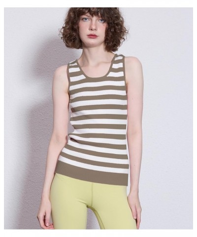 Womens Tank Tops Stretch Ribbed Extra Long Slim Fit Knit Summer Sleeveless Shirt Long Stripe Camel $6.62 Tanks