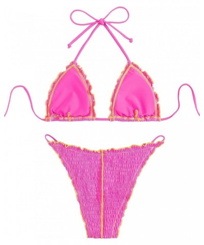 Women's 2 Piece Bathing Suit Frill Trim Halter Triangle Bikini Thong Swimsuit Pink $9.87 Swimsuits