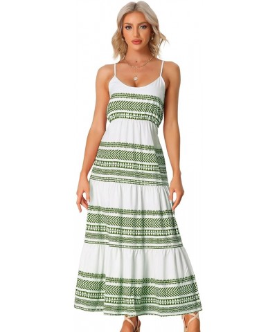 Boho Dresses for Women's Spaghetti Strap Tie Waist Cami Tiered Maxi Dress Green $18.17 Dresses