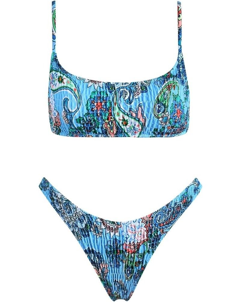 Women's Triangle Bikini Smocked Textured Scoop Frilled Print Ruched Elastic Swimsuit Two Piece Bathing Suit Blue-retro $16.77...