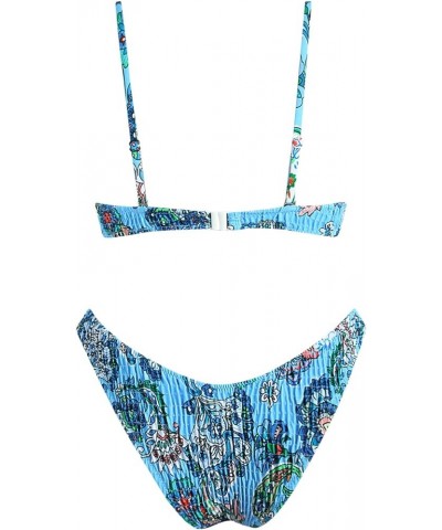 Women's Triangle Bikini Smocked Textured Scoop Frilled Print Ruched Elastic Swimsuit Two Piece Bathing Suit Blue-retro $16.77...