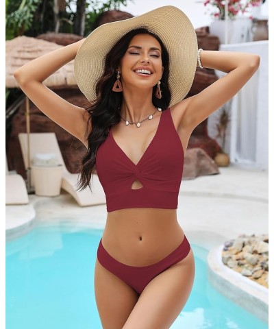 Bikini Tops for Women Cropped Tankini Tops Beach Padded Knot Twist Cut Out Adjustable Tank Swimwear Top Only Wine Red $12.71 ...