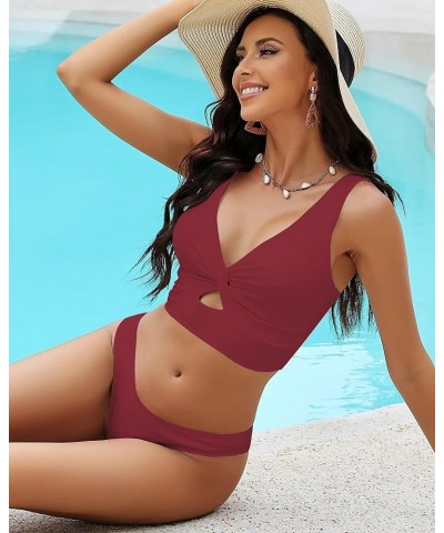 Bikini Tops for Women Cropped Tankini Tops Beach Padded Knot Twist Cut Out Adjustable Tank Swimwear Top Only Wine Red $12.71 ...