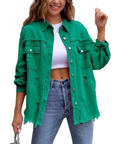 Jean Jacket Womens Denim Jacket Oversized Long Sleeve Denim Shacket Ripped Distressed Coat Green $8.69 Jackets