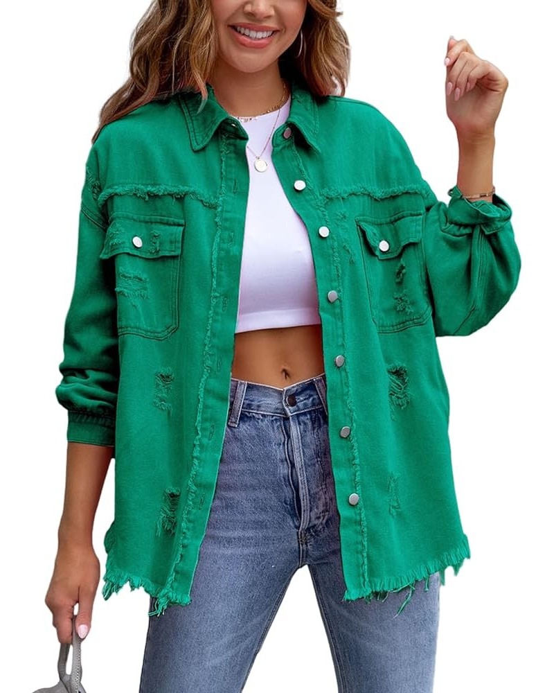 Jean Jacket Womens Denim Jacket Oversized Long Sleeve Denim Shacket Ripped Distressed Coat Green $8.69 Jackets