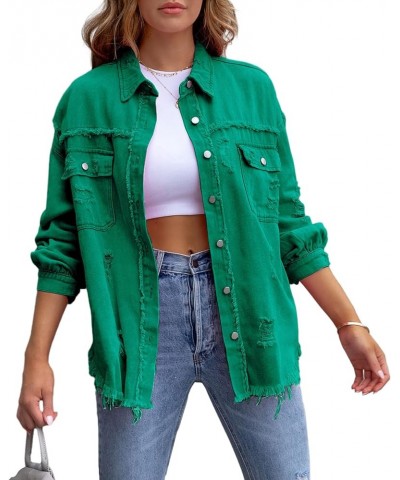 Jean Jacket Womens Denim Jacket Oversized Long Sleeve Denim Shacket Ripped Distressed Coat Green $8.69 Jackets