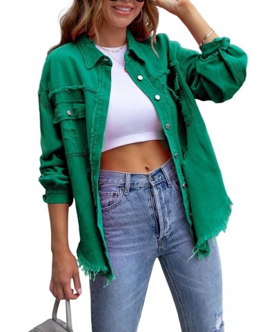 Jean Jacket Womens Denim Jacket Oversized Long Sleeve Denim Shacket Ripped Distressed Coat Green $8.69 Jackets