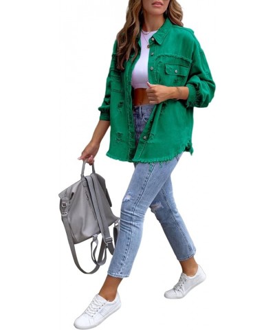 Jean Jacket Womens Denim Jacket Oversized Long Sleeve Denim Shacket Ripped Distressed Coat Green $8.69 Jackets