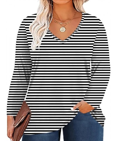 Women's Plus Size Tops Long Sleeve Tee Shirt V Neck Basic Ladies Loose Fit T Shirt 04stripe $11.75 T-Shirts