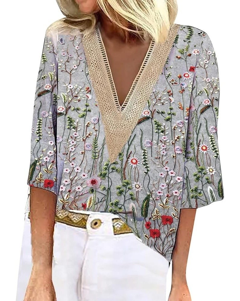 Lace Floral Casual Loose Blouses V Neck 3/4 Length Blouse Hollow Out Half Sleeve Yoga Tops for Women Boho Flowy Tee & Zp14-gr...