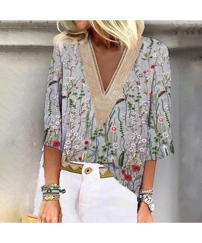 Lace Floral Casual Loose Blouses V Neck 3/4 Length Blouse Hollow Out Half Sleeve Yoga Tops for Women Boho Flowy Tee & Zp14-gr...