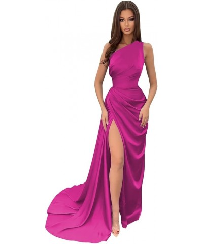 One Shoulder Bridesmaid Dresses for Women Bodycon Mermaid Satin Ruched Formal Party Dress with Slit Maxi Gowns BD363 Fuchsia ...