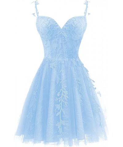 Tulle Homecoming Dresses for Teens 2023 Spaghetti Strap Lace Applique Short Prom Dress Mini Cocktail Gown Light Blue $30.74 D...