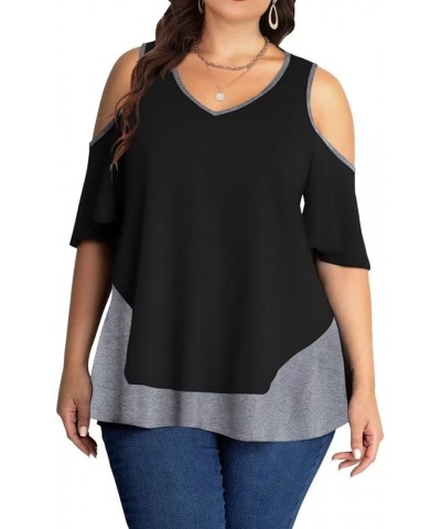 Womens Plus Size Tops Cold Shoulder V Neck T Shirt Short Sleeve Summer Casual Tunic Black $13.25 Tops