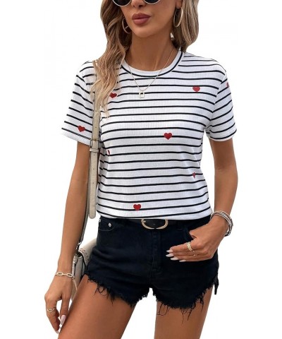 Women's Casual Striped Print Crew Neck Short Sleeve T Shirts Tee Tops White Heart Multi $12.88 Tops