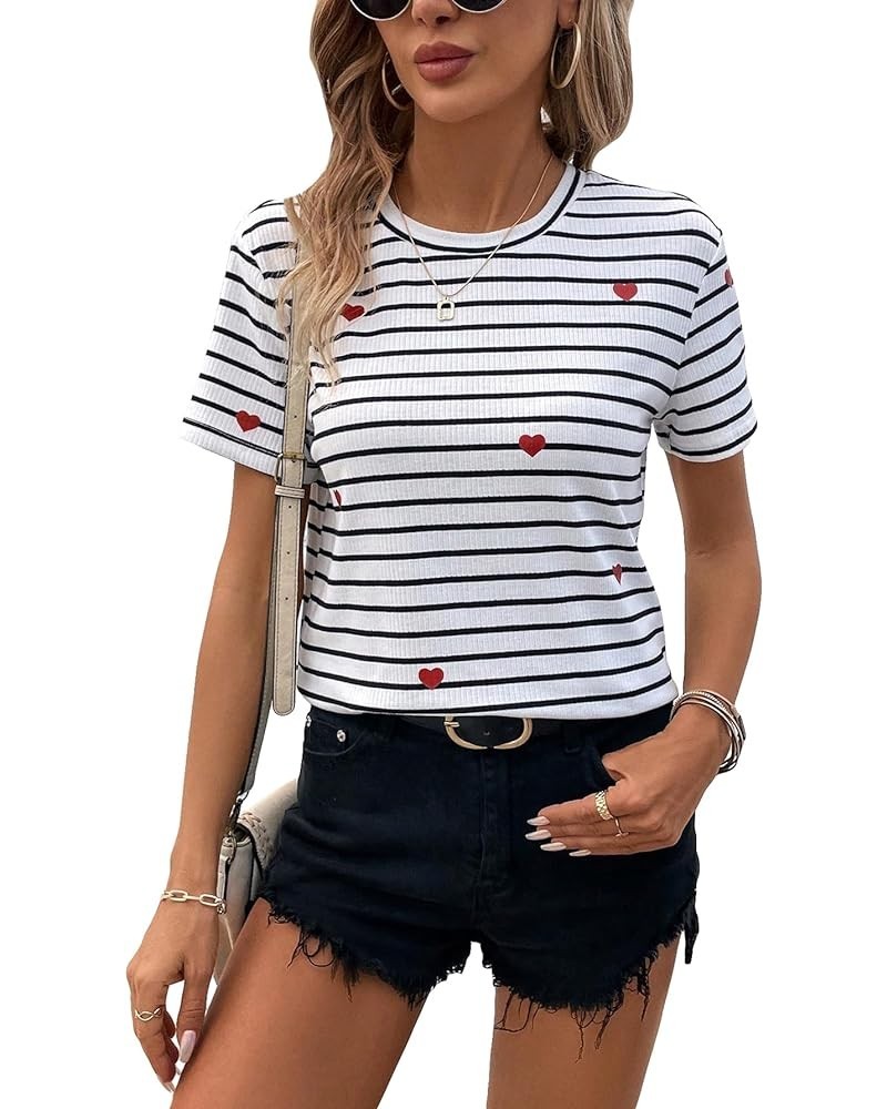 Women's Casual Striped Print Crew Neck Short Sleeve T Shirts Tee Tops White Heart Multi $12.88 Tops