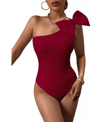 Women's Elegant One Shoulder Sleeveless Bow Front Tank Bodysuit Jumpsuit Tops Burgundy $14.74 Bodysuits