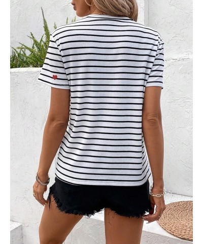 Women's Casual Striped Print Crew Neck Short Sleeve T Shirts Tee Tops White Heart Multi $12.88 Tops