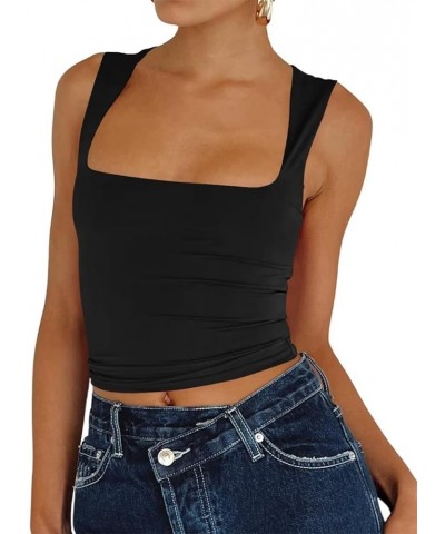 Women's Sexy Sleeveless Crop Top Seamless Knitting Square Neck Trendy Basics Tank Top Black $11.87 Tanks