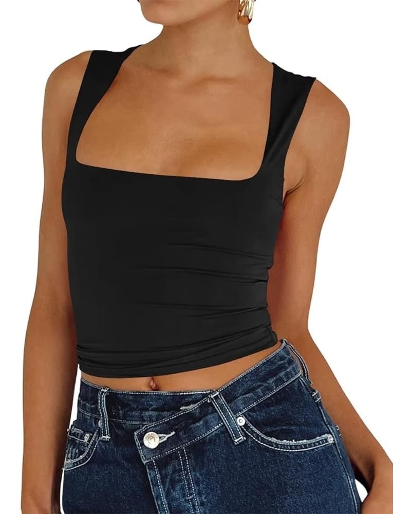 Women's Sexy Sleeveless Crop Top Seamless Knitting Square Neck Trendy Basics Tank Top Black $11.87 Tanks