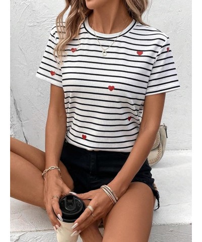 Women's Casual Striped Print Crew Neck Short Sleeve T Shirts Tee Tops White Heart Multi $12.88 Tops