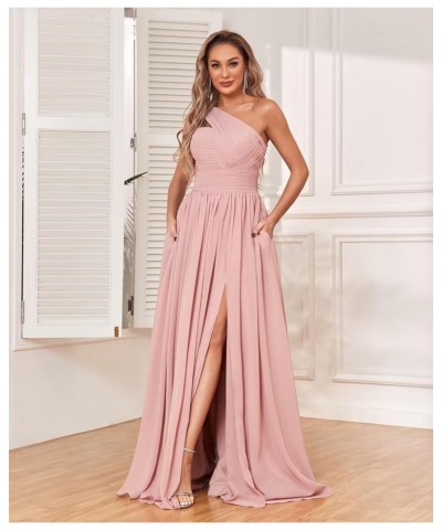 One Shoulder Bridesmaid Dresses for Women 2024 Long Pleated Chiffon Formal Evening Dresses with Slit Desert Rose $22.55 Dresses