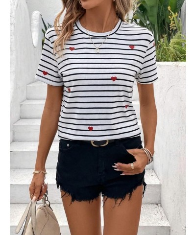 Women's Casual Striped Print Crew Neck Short Sleeve T Shirts Tee Tops White Heart Multi $12.88 Tops