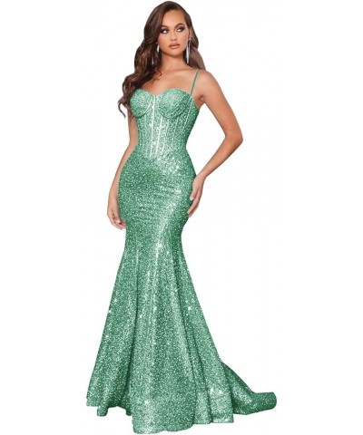 Women's Sequin Prom Dresses 2024 Mermaid Spaghetti Straps Long Sexy Formal Evening Party Gowns Turquoise $33.75 Dresses