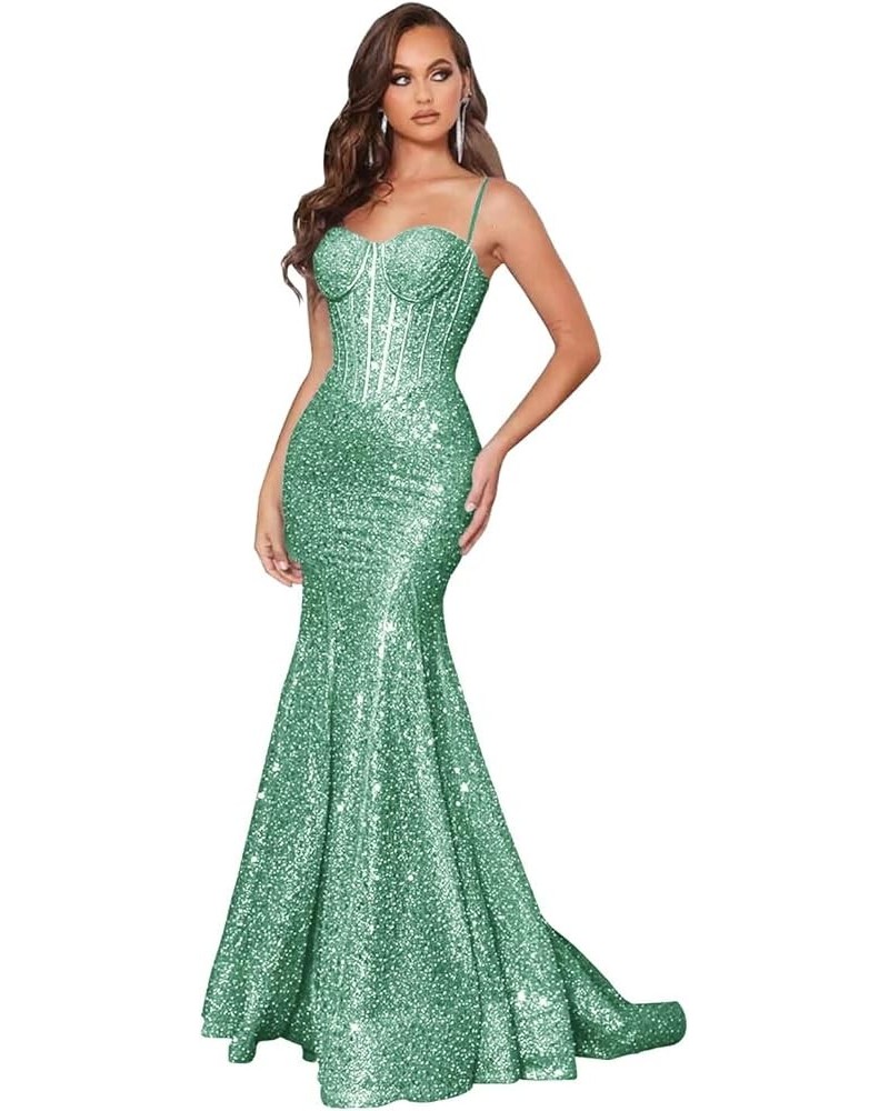 Women's Sequin Prom Dresses 2024 Mermaid Spaghetti Straps Long Sexy Formal Evening Party Gowns Turquoise $33.75 Dresses