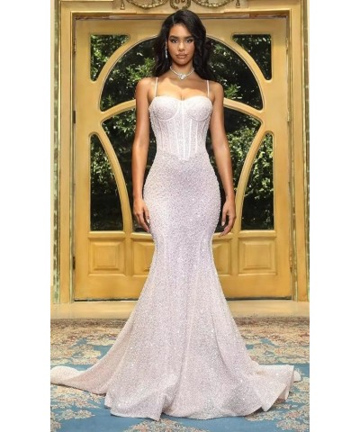 Women's Sequin Prom Dresses 2024 Mermaid Spaghetti Straps Long Sexy Formal Evening Party Gowns Turquoise $33.75 Dresses