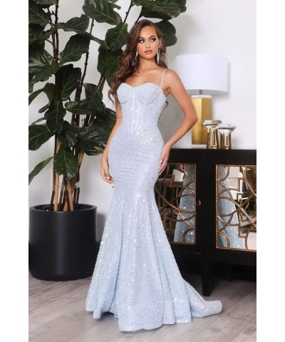 Women's Sequin Prom Dresses 2024 Mermaid Spaghetti Straps Long Sexy Formal Evening Party Gowns Turquoise $33.75 Dresses