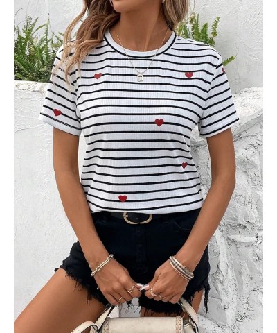 Women's Casual Striped Print Crew Neck Short Sleeve T Shirts Tee Tops White Heart Multi $12.88 Tops