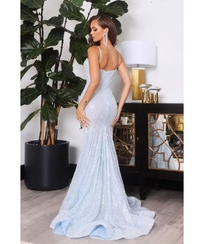 Women's Sequin Prom Dresses 2024 Mermaid Spaghetti Straps Long Sexy Formal Evening Party Gowns Turquoise $33.75 Dresses