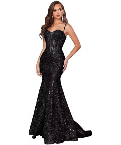 Women's Sequin Prom Dresses 2024 Mermaid Spaghetti Straps Long Sexy Formal Evening Party Gowns Turquoise $33.75 Dresses