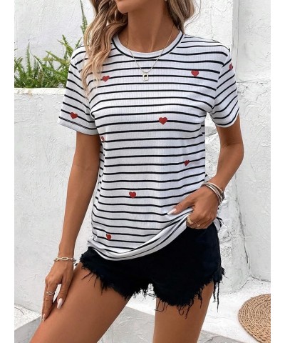 Women's Casual Striped Print Crew Neck Short Sleeve T Shirts Tee Tops White Heart Multi $12.88 Tops