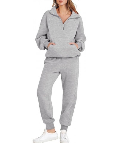 Womens 2 Piece Outfits Sweatsuit Set Quarter Zip Long Sleeve Sweatshirt Jogger Sweatpants Tracksuit Lounge Set Light Grey $30...