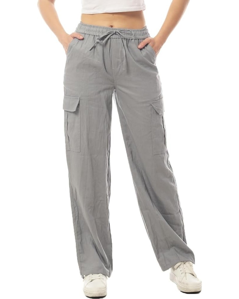 Women's Linen Cargo Pants Parachute Pants Summer Y2K Wide Leg Pants with Pockets C Grey $16.75 Pants