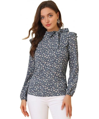 Women's Bow Tie Neck Long Sleeve Floral Ruffled Blouse Dark Blue $16.49 Blouses